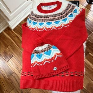 Kari Traa Orangeish/Red and Blue Patterned Fair Isle Sweater and Hat Set.